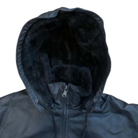 Black Hooded Leather Jacket w/ Faux Fur Lining & Cuffs Womens SZ L *NO BELT* - Picture 2 of 6